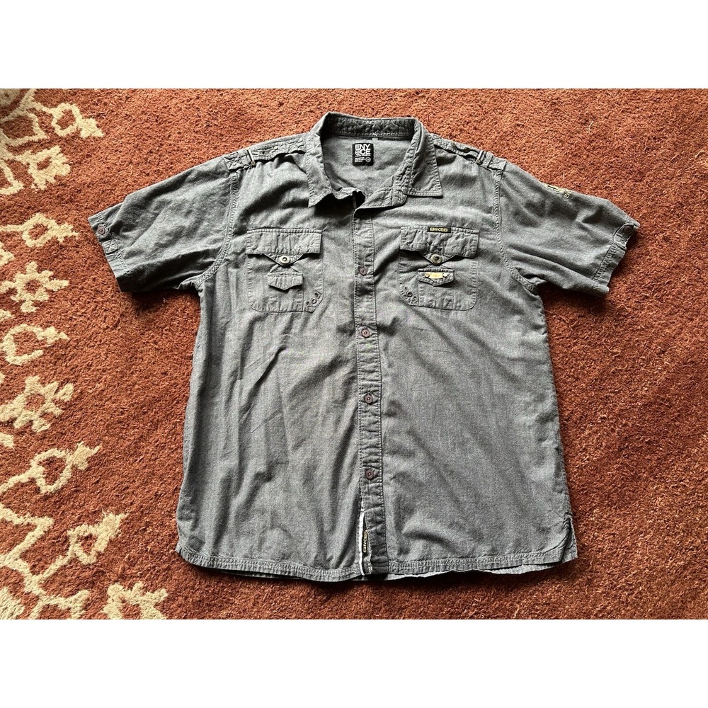 ENYCE Shirt Adult 2XL Gray Y2K 90s Button Up Short Sleeve Casual Mens